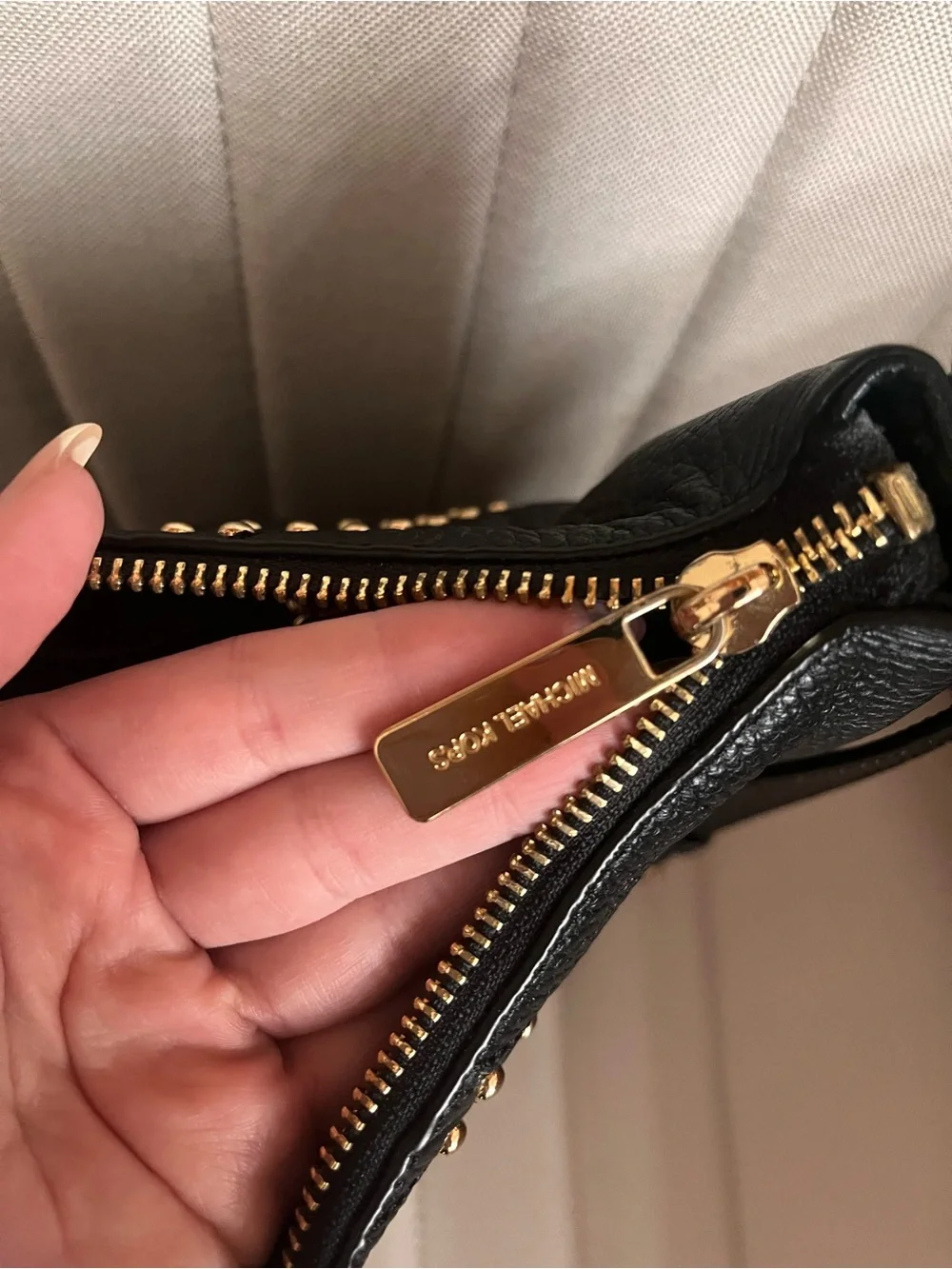 Michael Kors Black Leather Shoulder Bag with Gold Hardware and Stud Accents